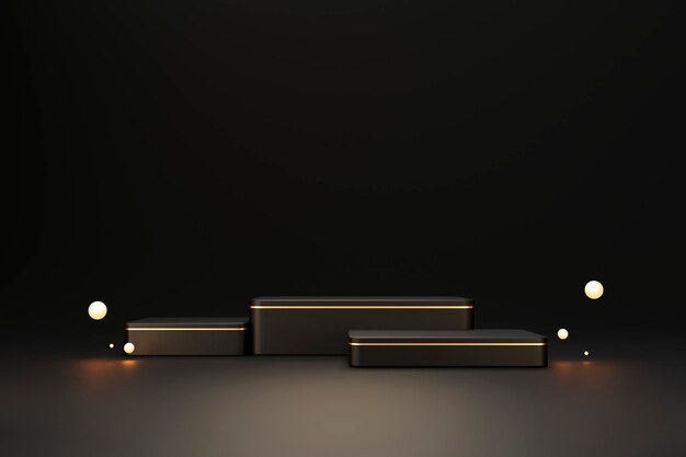 Пустой черный и золотой роскошный подиум пьедестал продукта фон дисплея 3d-рендеринга
