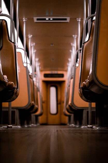 Empty brown leather seats in the subway in Brussels,Belgium