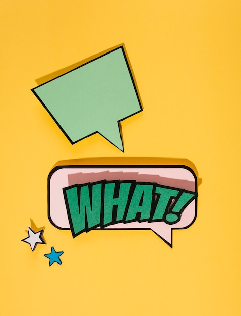 Empty bubble over the what speech bubble on yellow backdrop