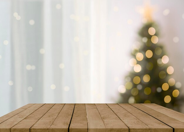 Empty christmas table background with christmas tree