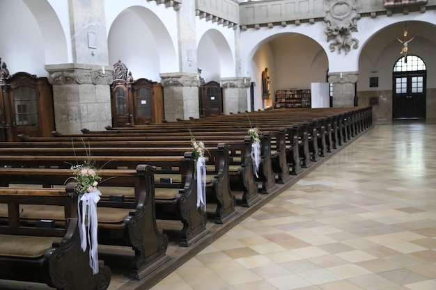 Empty church hall with decorations