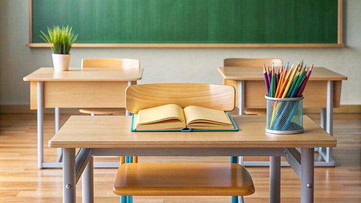 Free Photo empty classroom desk with an open notebook and pencils in a cup