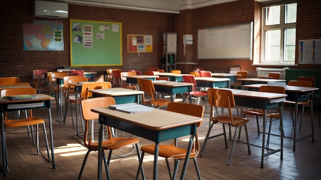 Free photo empty classroom with desks and chairs on a brick floor