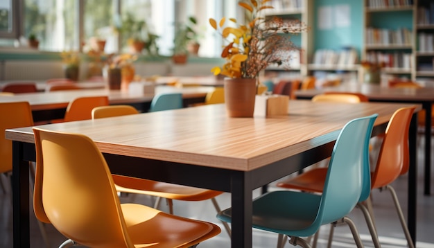 人工知能によって生成された学習用のモダンな椅子と木製のテーブルを備えた空の教室