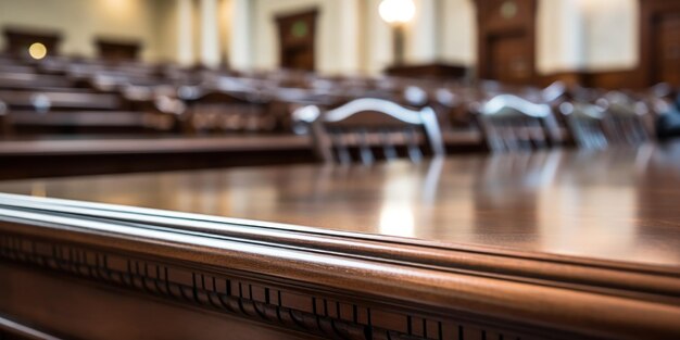 An empty courtroom with chairs and a deserted judges table