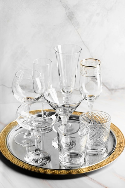 Empty crystal glasses on a tray