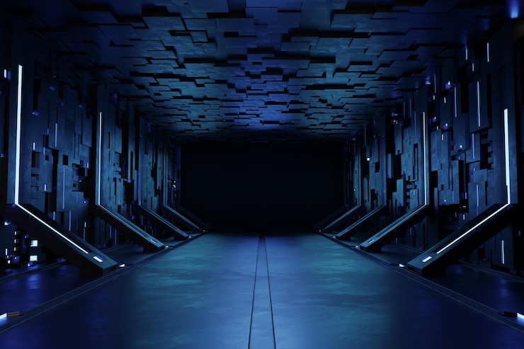 Free Photo empty dark room, modern futuristic sci fi background. 3d illustration