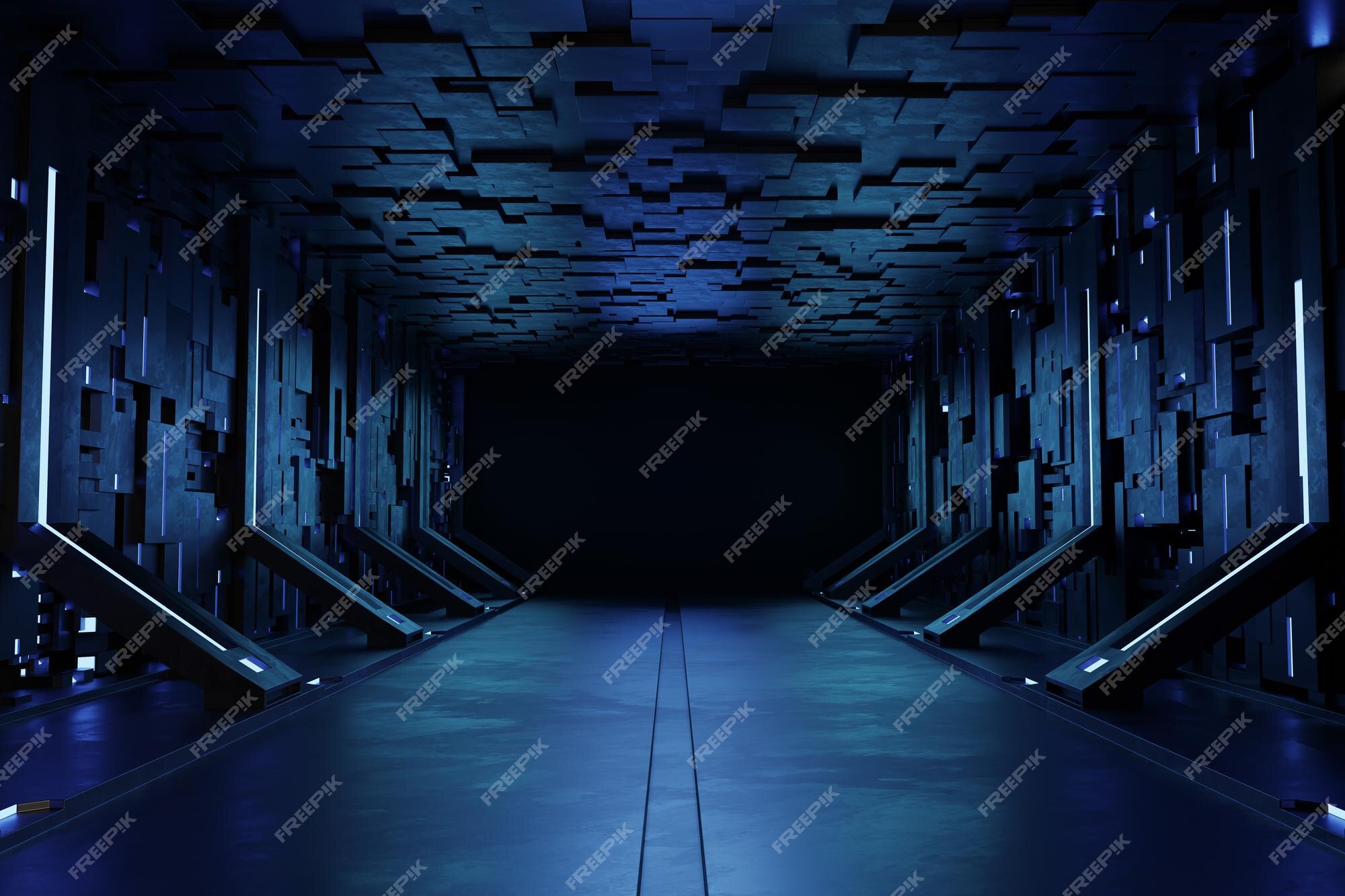 Dark space, bright future Modern sci fi room in 3D, an empty