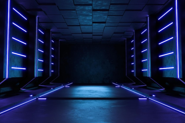 빈 어두운 방, 현대 미래 공상 과학 배경. 3D 일러스트레이션