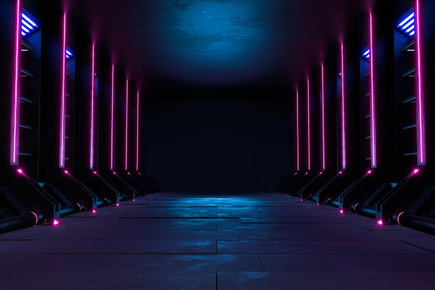 빈 어두운 방, 현대 미래 공상 과학 배경. 3d 일러스트레이션