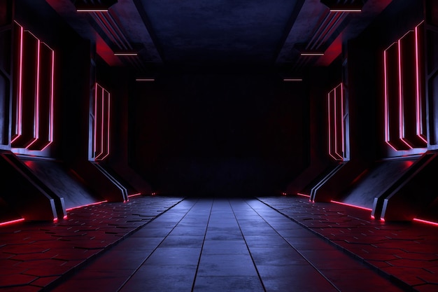 Foto gratuita stanza buia vuota, sfondo futuristico moderno di fantascienza. illustrazione 3d