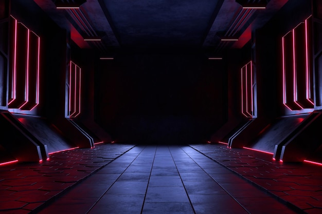 Empty dark room, Modern Futuristic Sci Fi Background. 3D illustration