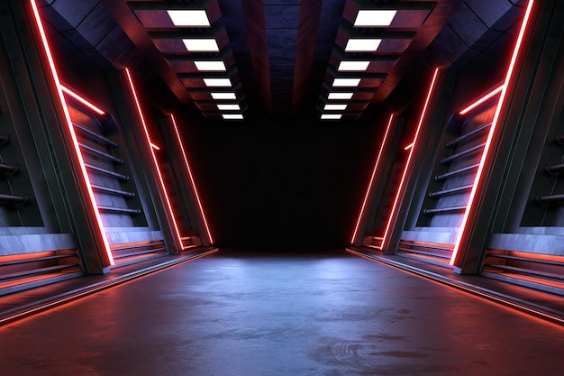 空の暗い部屋、現代の未来的なサイエンスフィクションの背景。 3dイラスト