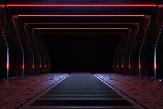 빈 어두운 방, 현대 미래 공상 과학 배경. 3D 일러스트레이션