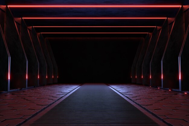 Empty dark room, Modern Futuristic Sci Fi Background. 3D illustration