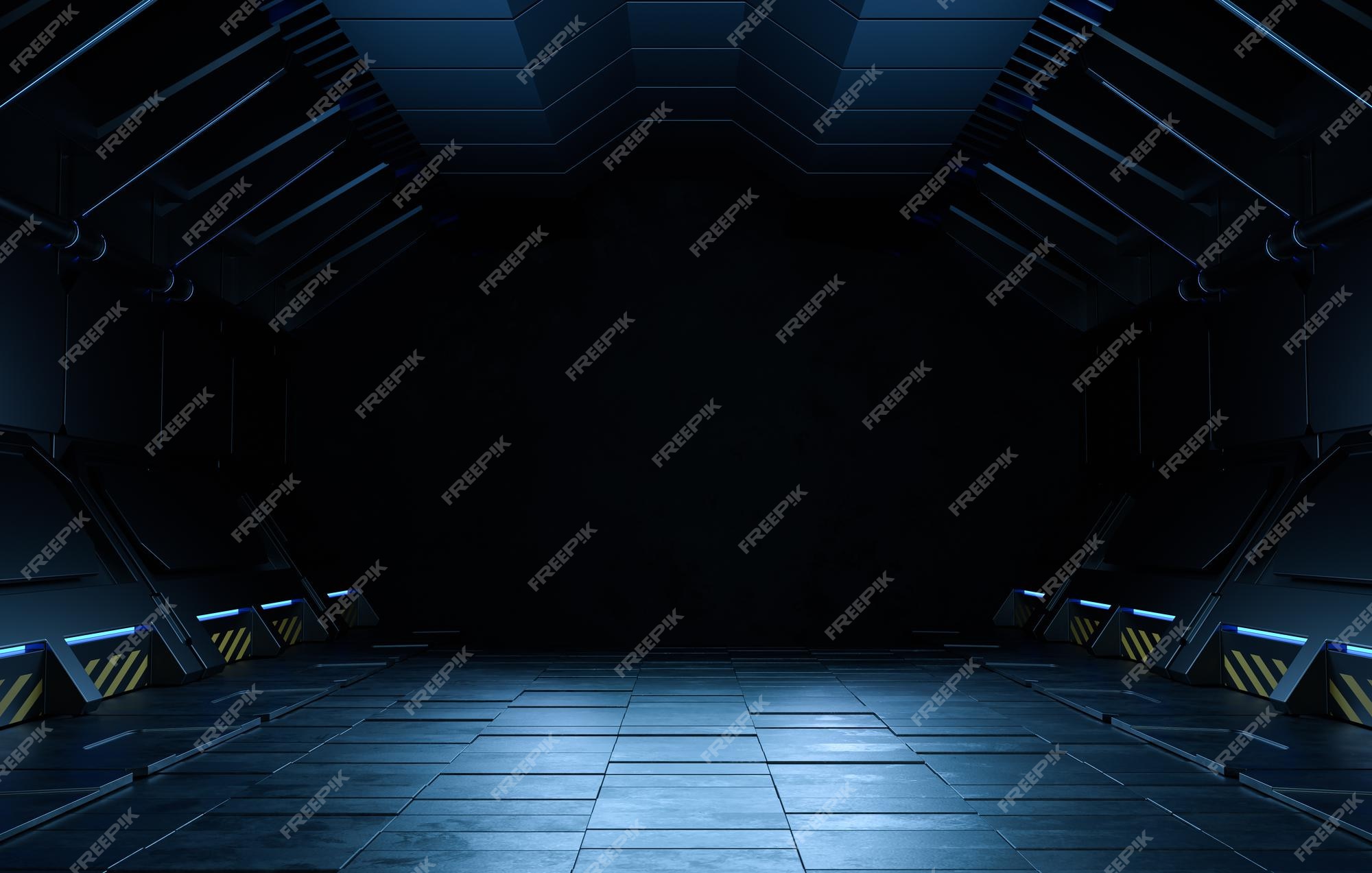 Dark space, bright future Modern sci fi room in 3D, an empty