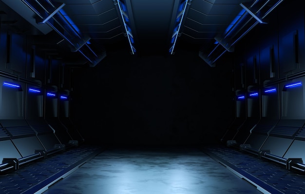 빈 어두운 방, 현대 미래 공상 과학 배경. 3d 일러스트레이션