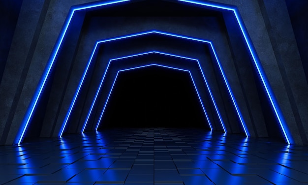 Пустая темная комната, современный футуристический научно-фантастический фон. 3D иллюстрация