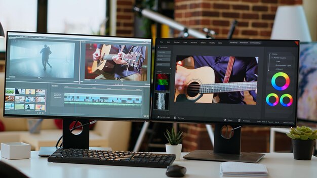 empty desk in living room featuring dual monitors displaying a video project