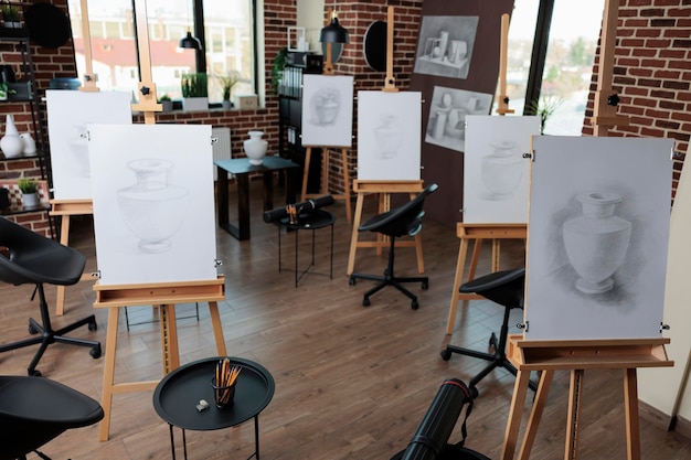 Classe di disegno vuota con nobidy preparata per la lezione di disegno su tela di pittura. nessuna persona nel laboratorio di creatività dotato di strumenti professionali per sviluppare le capacità artistiche degli studenti.