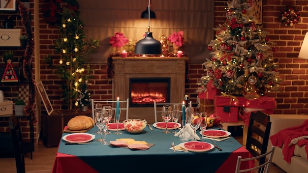 Empty festive christmas dinner table inside decorated living room with holiday garlands and dinnerware. Interior of traditional and authentic season cozy setting celebrating religious event.