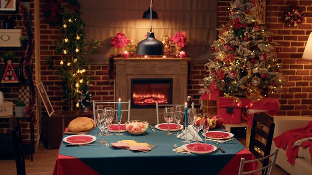 休日の花輪と食器で飾られたリビングルーム内の空のお祝いのクリスマスディナーテーブル。宗教行事を祝う伝統的で本格的な季節の居心地の良い雰囲気のインテリア。