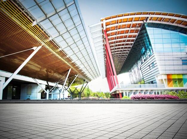 Empty floor with modern business office building