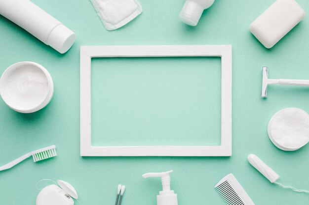 Empty frame surrounded by hygiene products