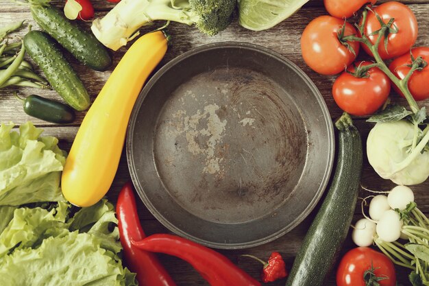 empty frying pan with vegetables around, top view