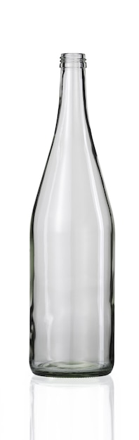 Empty glass bottle with a reflection below on a white