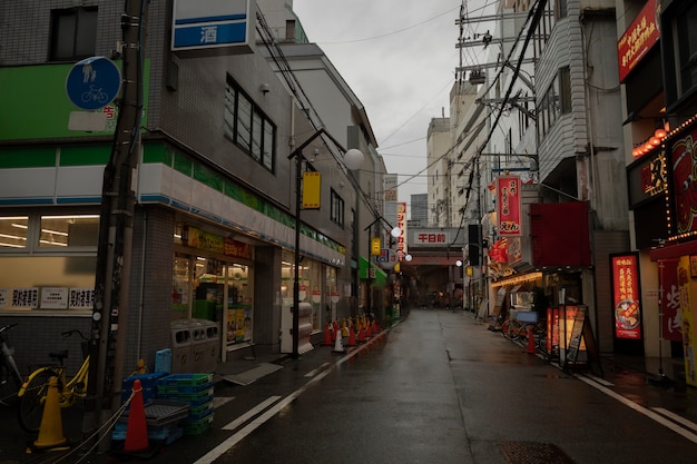 Empty japan street after rain at nighttime