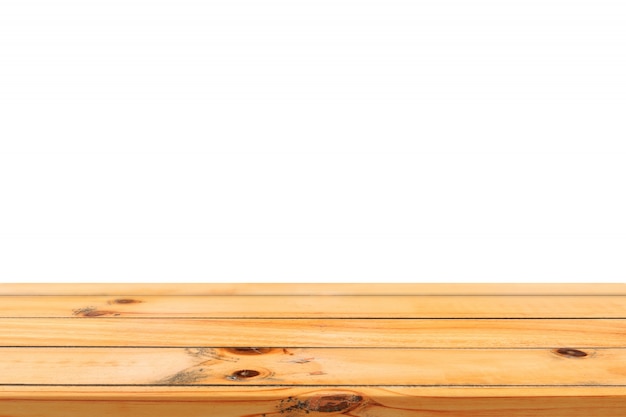 Empty light wooden board table top isolated on white background. Perspective brown wood table isolated on background - can be used mock up for display or montage your products or design visual layout.