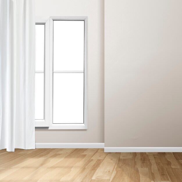 窓と白いカーテンと空のリビングルームのインテリアデザイン