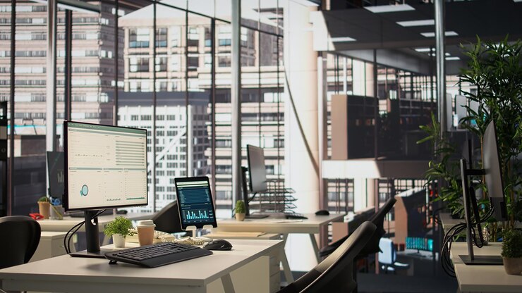 Free Photo empty modern workspace with advanced technology to enhance efficiency