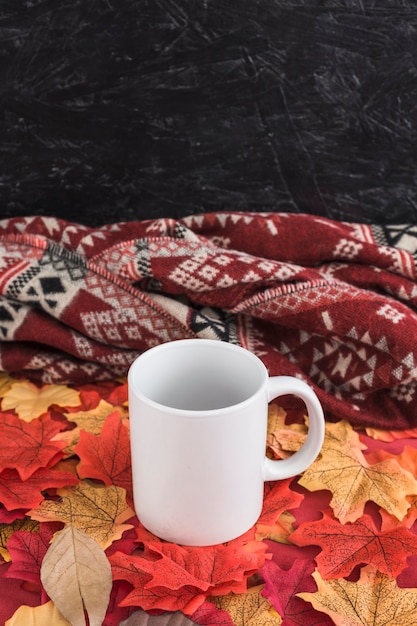 Empty mug on leaves near blanket