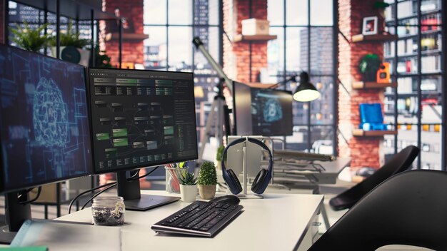 empty office desk with computer screen showing terminal windows