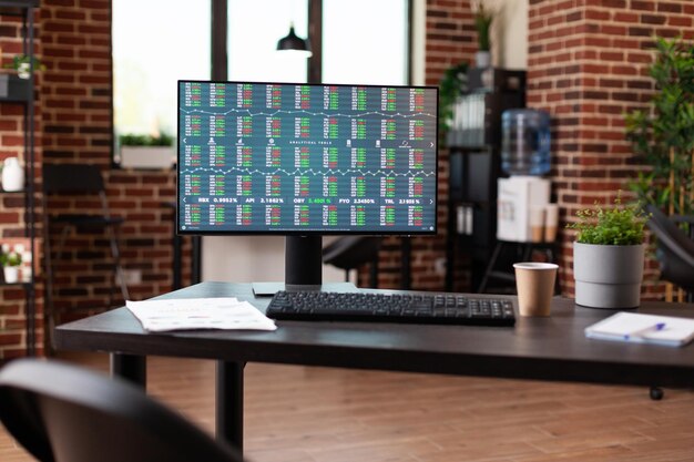 Empty office desk with stock market trend on computer, used for crypto currency investment and global economy. Monitor with money rate analysis and financial graph to make exchange profit