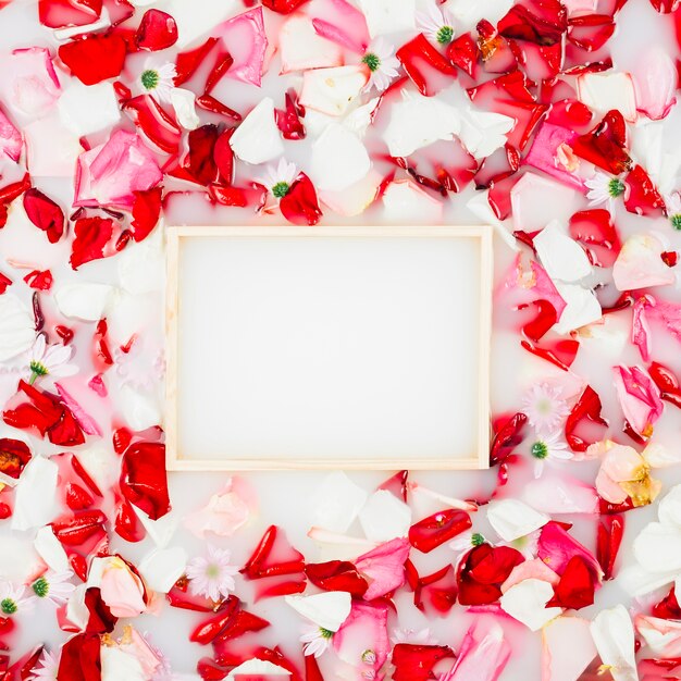 Free photo empty picture frame surrounded with colorful flower petals