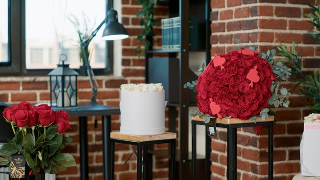 バレンタインデーのイベントのための花の花束のある空の部屋。箱に入った赤いバラと甘いプレゼントでロマンチックな休日を祝います。愛と情熱を表現するための贈り物を持っている宇宙人は誰もいません。