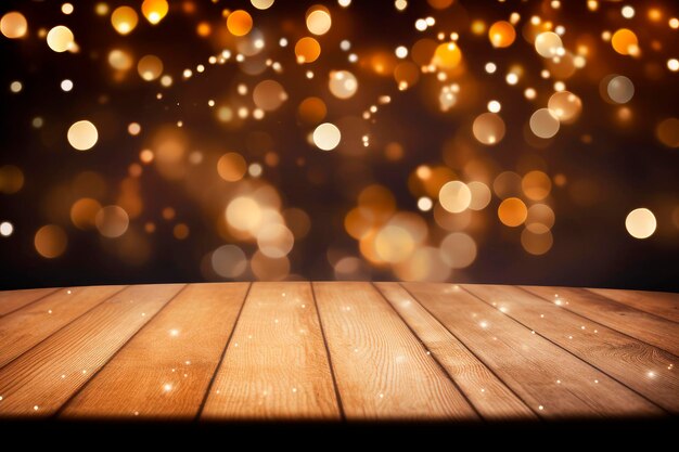 크리스마스 불빛 밤 앞에 빈 소박한 나무 테이블, 추상적 원형 보케 배경