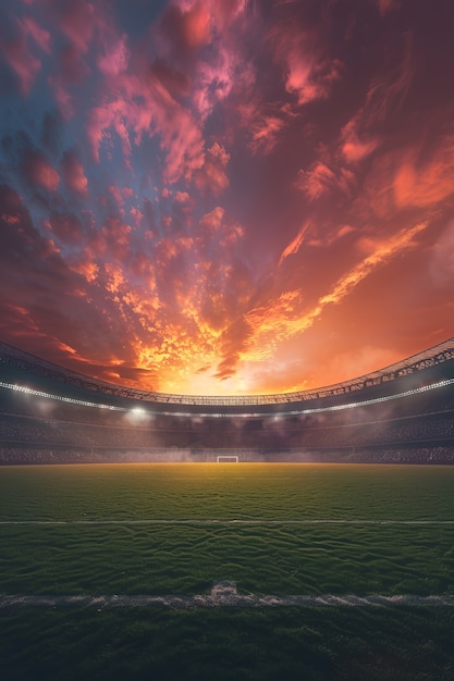 Foto gratuita stadio di calcio vuoto con una vista fantastica del cielo