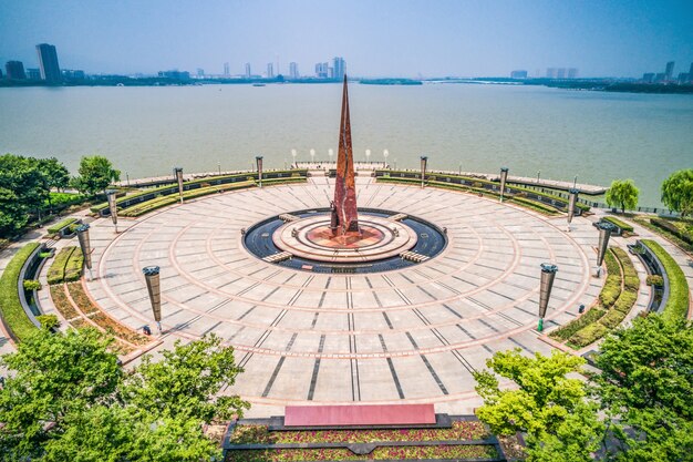 Empty square and lake in the city park