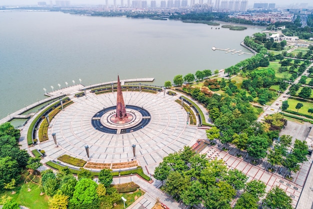 Empty square and lake in the city park