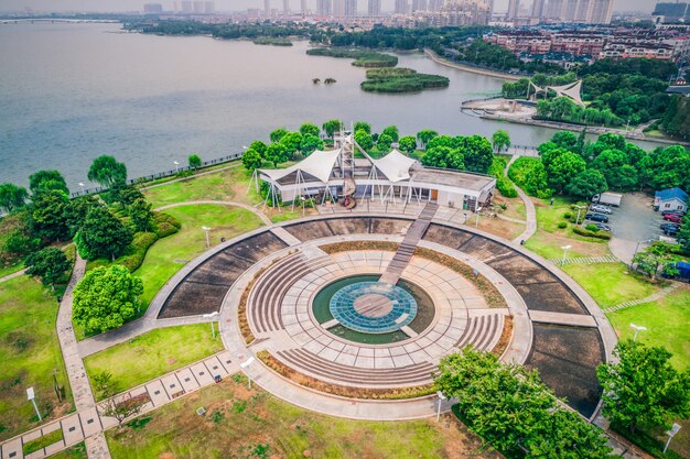 Empty square and lake in the city park