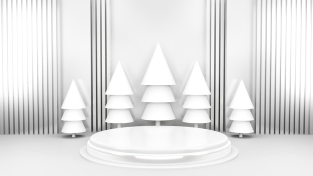 Foto gratuita palco vuoto con podio e decorazioni natalizie mockup minimo natale scena invernale alberi di natale a