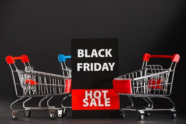 Empty supermarket carts with sale sign