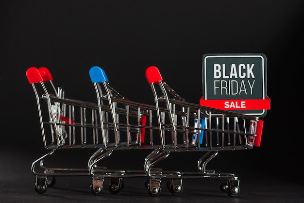 Empty supermarket carts with sale tag