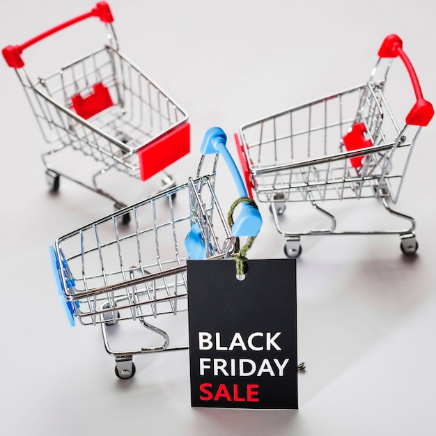 Empty supermarket carts with sale tag