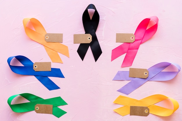 Empty tag on colorful awareness ribbon on pink background