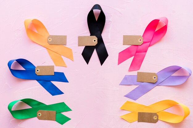 Empty tag on colorful awareness ribbon on pink background